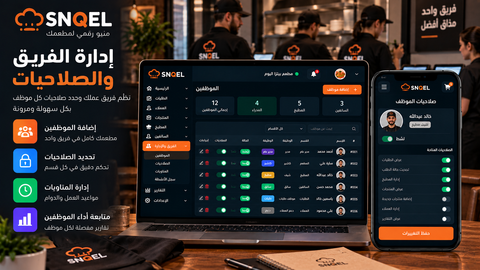 إدارة الفريق والصلاحيات في SNQEL